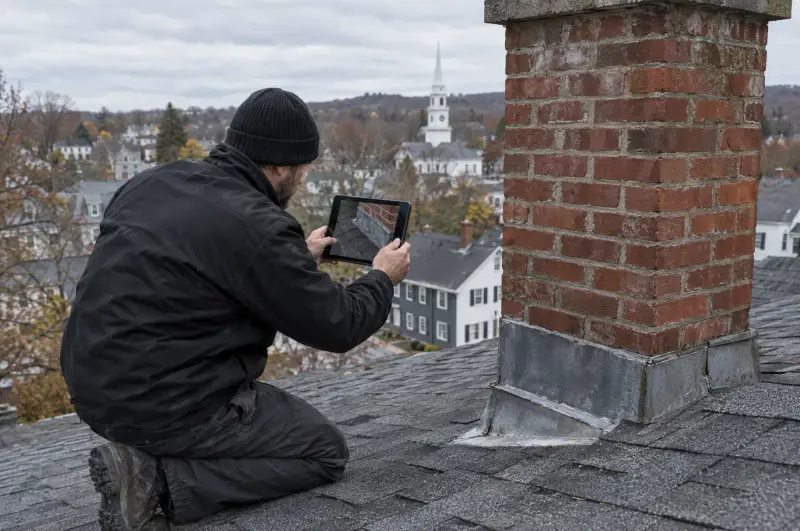 Inspector photographing chimney flashing on a New England roof with a tablet